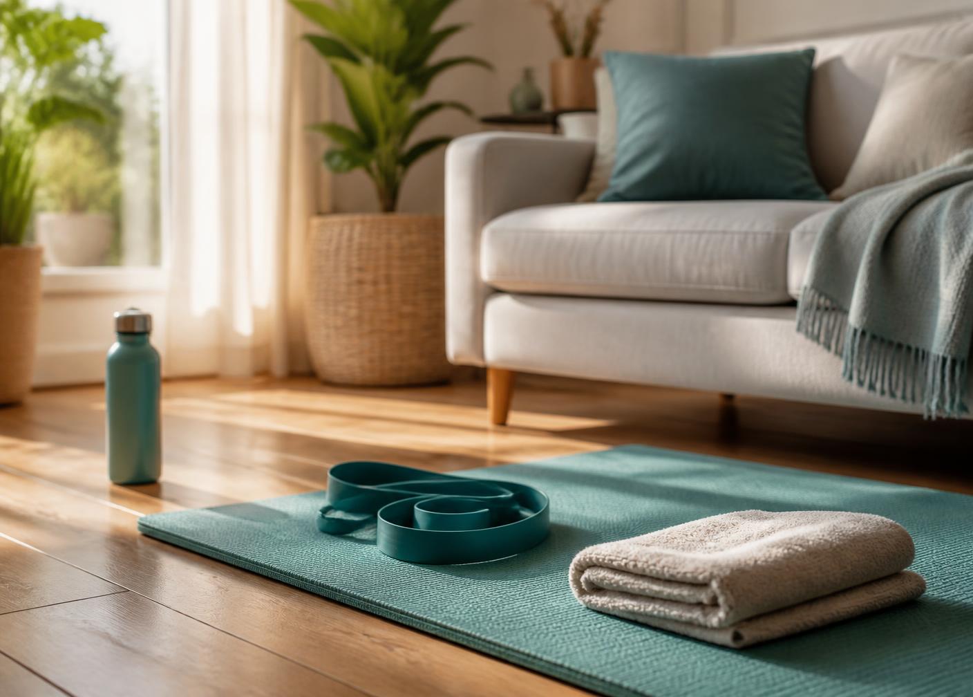 Exercise mat, resistance band and towel set up for a home physiotherapy session