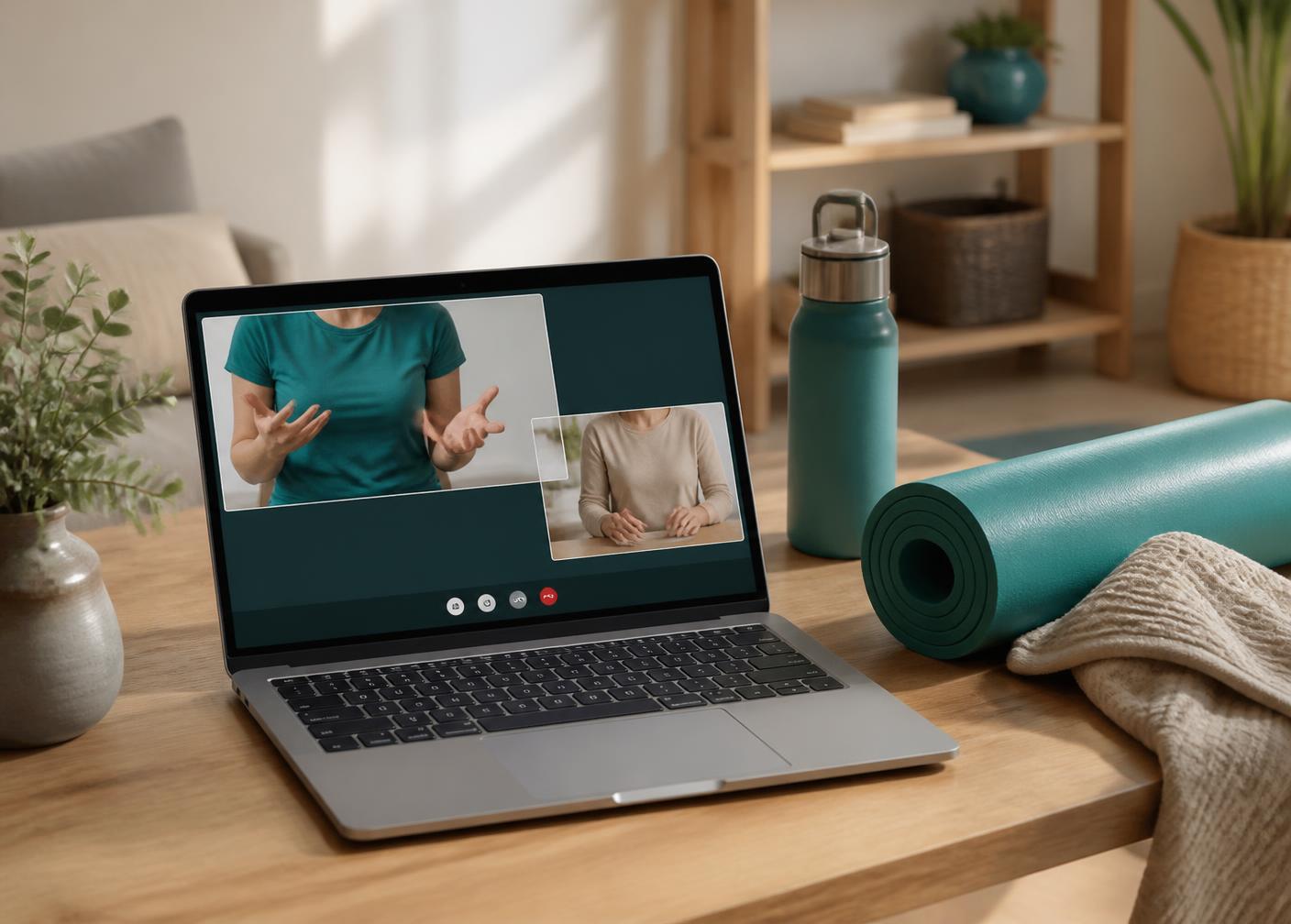 Laptop set up for an online physiotherapy consultation next to an exercise mat at home